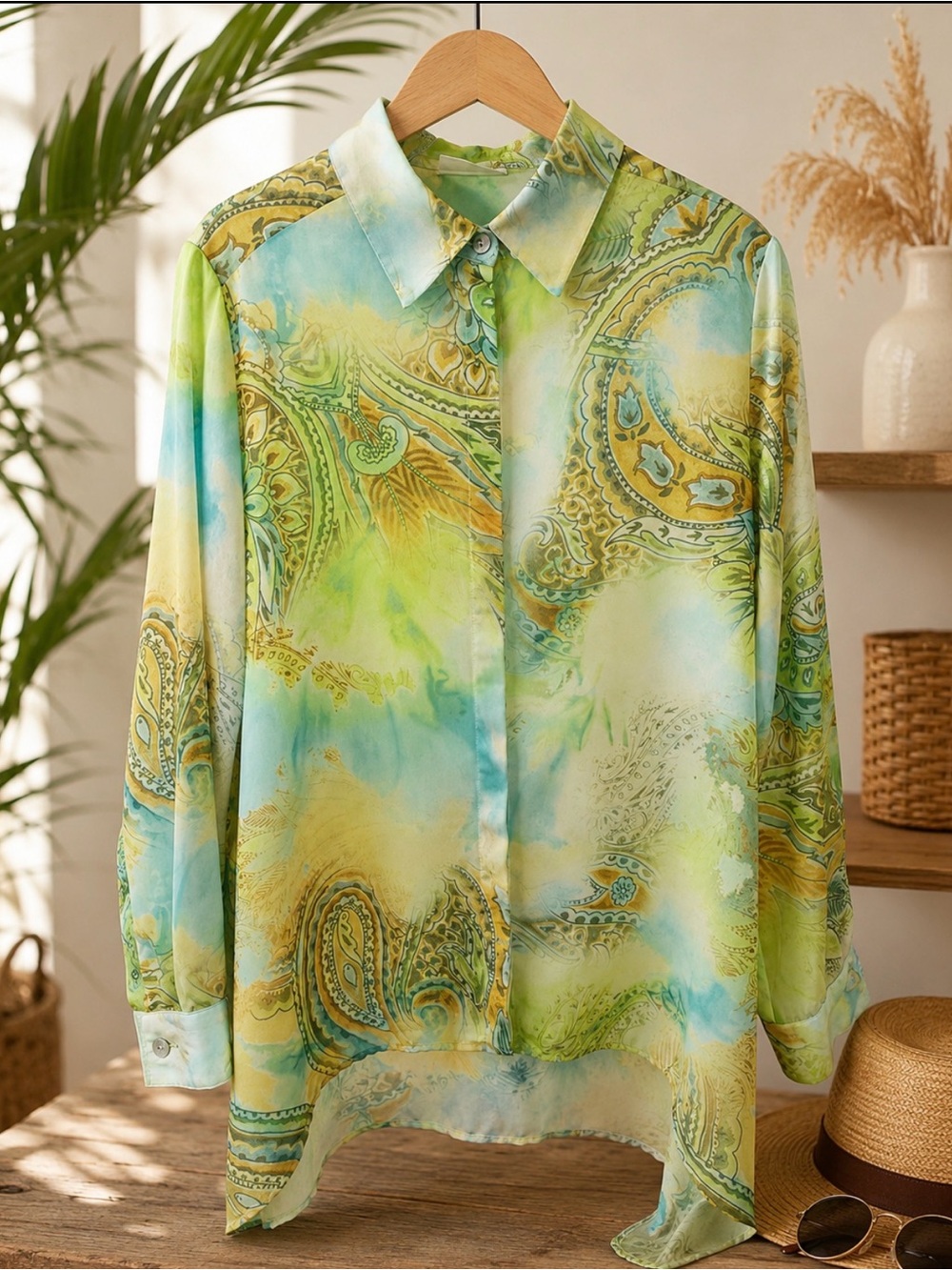Chico's Sheer Paisley Blouse in Lime Green & Aqua size s/4